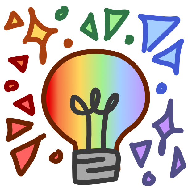 A rainbow lightbulb is surrounded by a rainbow assortment of sparkles and emphasis triangles. The image has dark line art.
